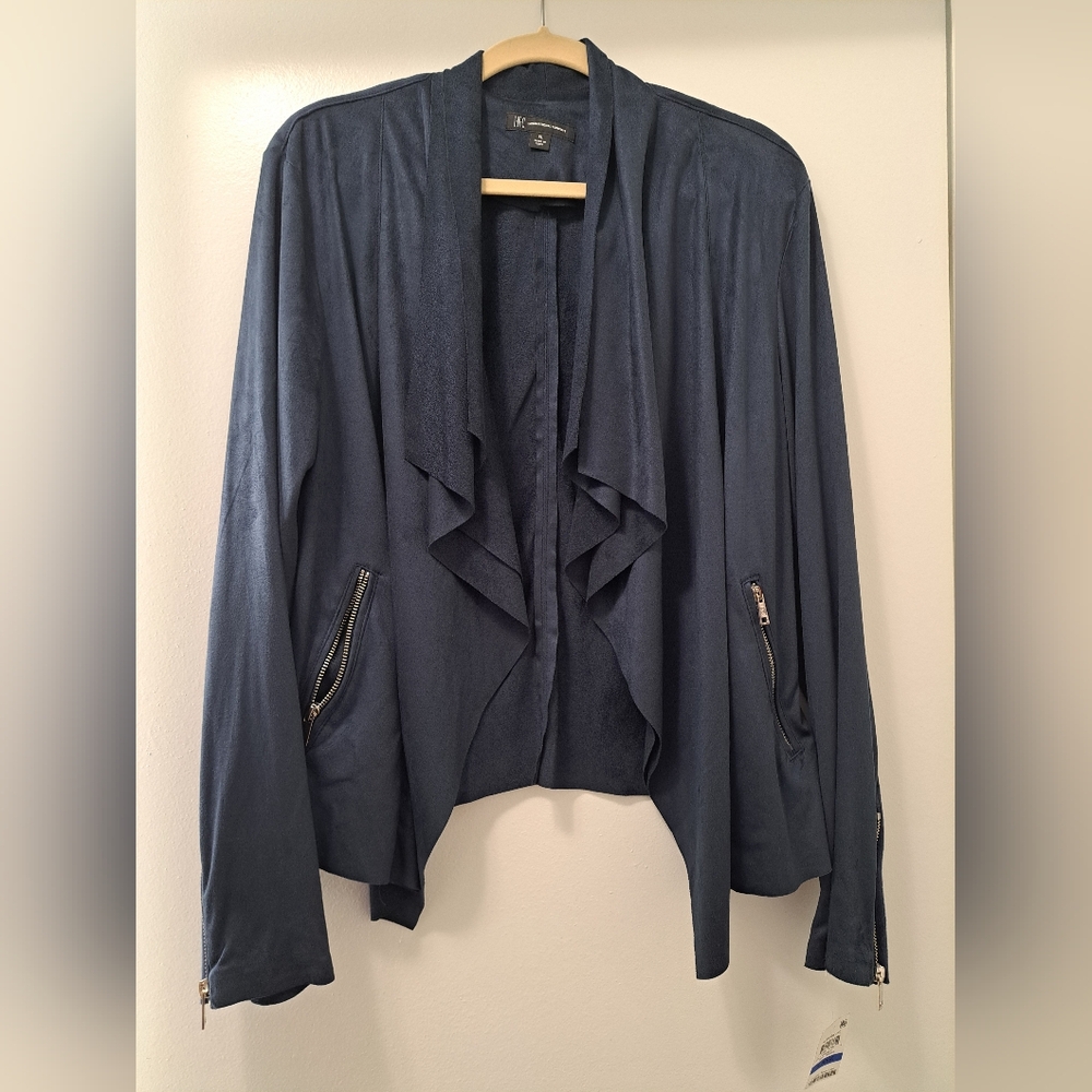 I.N.C. Womens Faux Suede Open- Front Jacket, Navy, XL